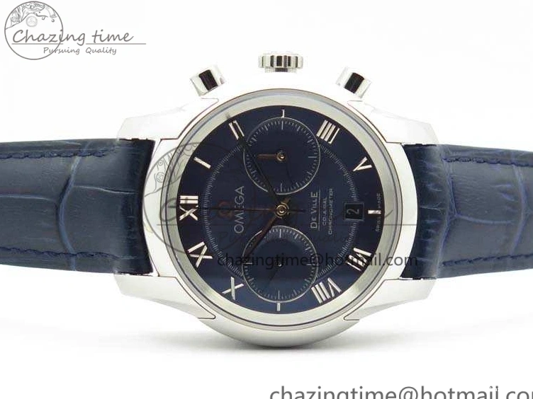 0308 MoistureWicking De Ville Chronograph SS OMF 1:1 Best Edition Blue Dial On Blue Leather Strap A 8110